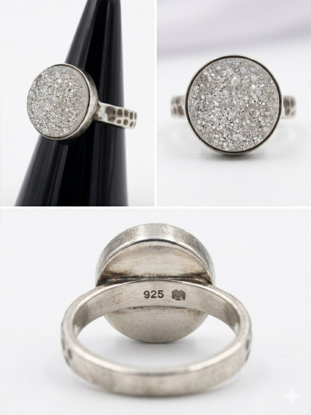 925 Hammered Silver & Drusy Quartz Ring Size 6.5 2301